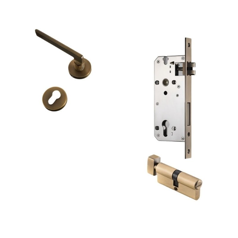 Brass Door Handle & Lock Set, Modern Interior & Bedroom Door Hardware, Textured Brass Grip, Three Lock Configurations, 5.4 x 2in