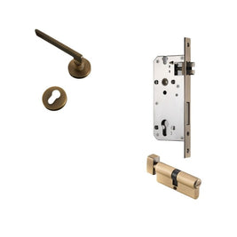 Brass Door Handle & Lock Set, Modern Interior & Bedroom Door Hardware, Textured Brass Grip, Three Lock Configurations, 5.4 x 2in