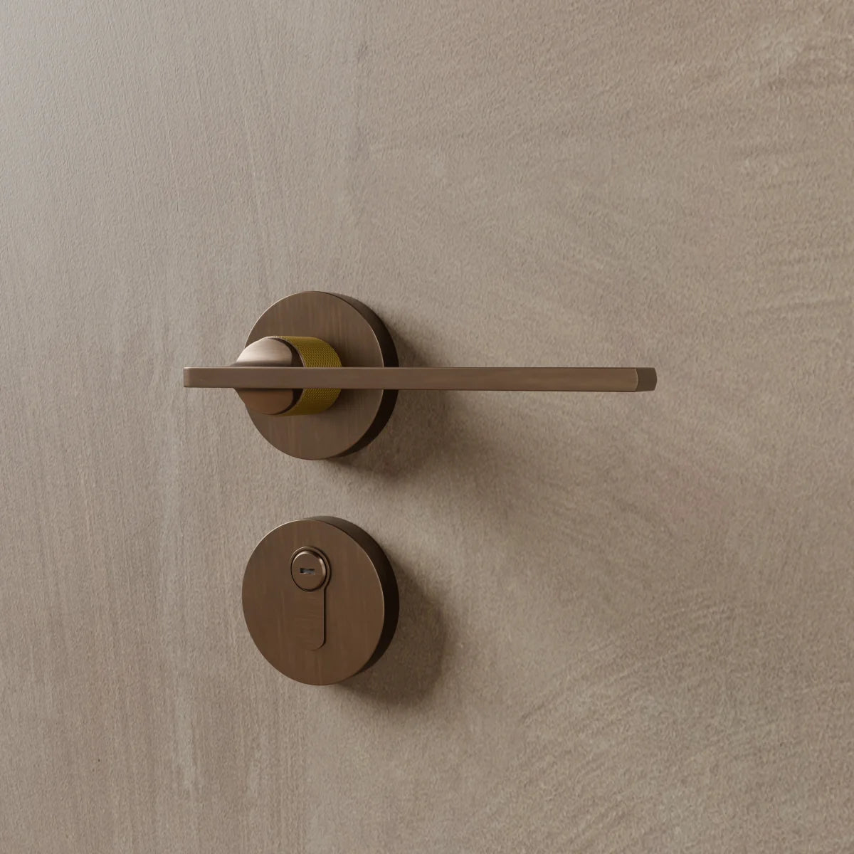 Brass Door Handle & Lock Set, Modern Interior & Bedroom Door Hardware, Textured Brass Grip, Three Lock Configurations, 5.4 x 2in