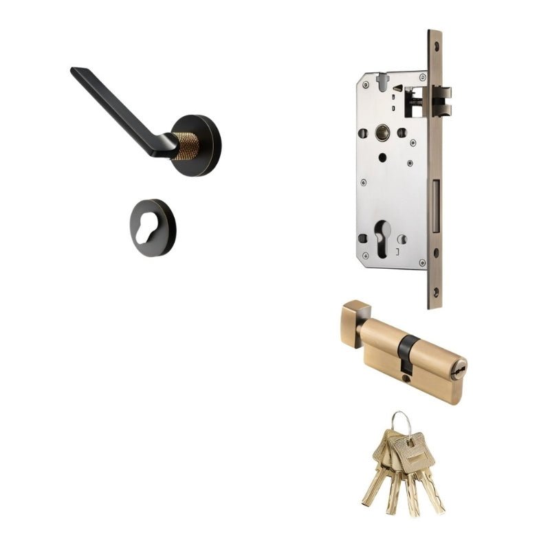 Brass Door Handle & Lock Set, Modern Interior & Bedroom Door Hardware, Textured Brass Grip, Three Lock Configurations, 5.4 x 2in