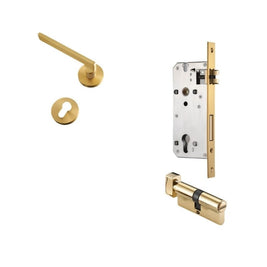 Brass Door Handle & Lock Set, Modern Interior & Bedroom Door Hardware, Textured Brass Grip, Three Lock Configurations, 5.4 x 2in