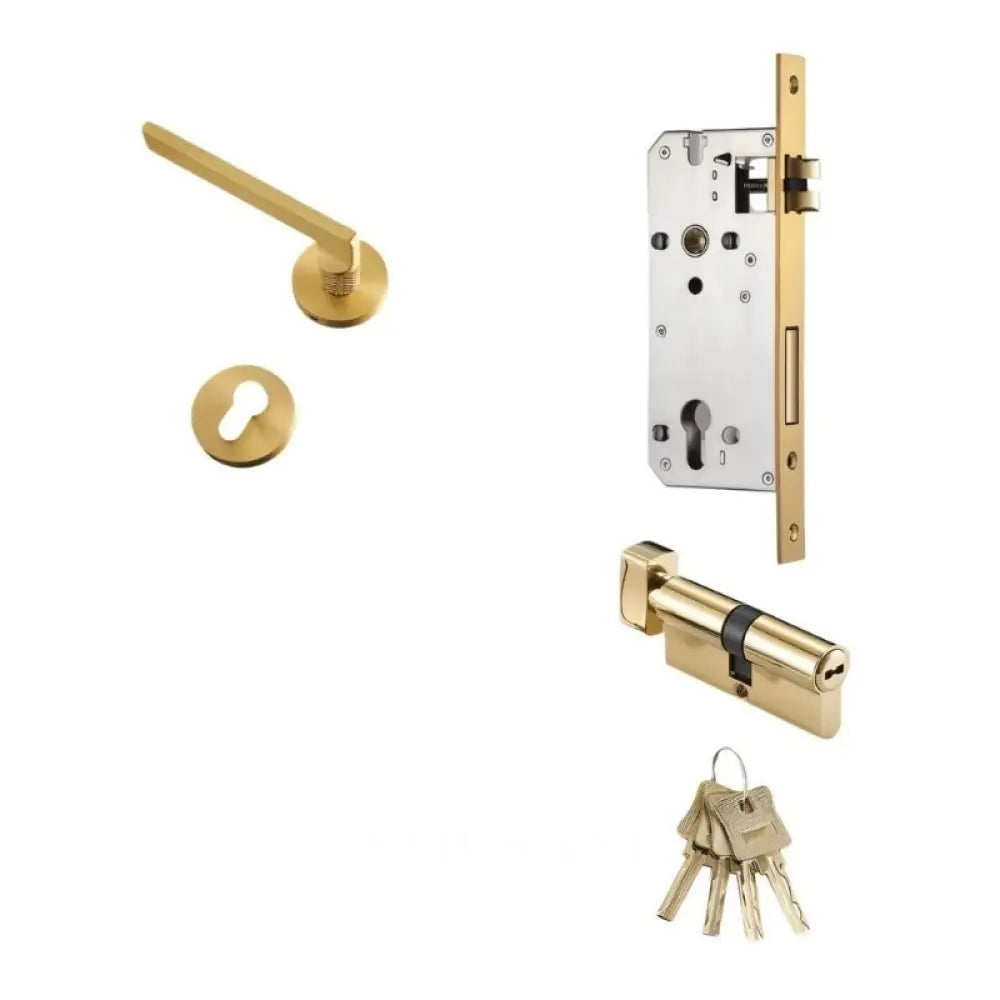 Sabaat Handle and Lock - L5.4’’(13.7cm) x H2’’(5.5cm) / With Mortice Lock & Keys / Brass