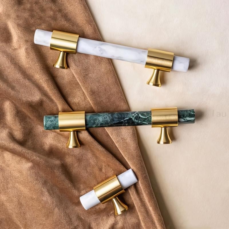 Marble & Solid Brass Cabinet Knobs & Pulls, Classic Kitchen & Wardrobe Hardware, Black White & Green Stone, Set of 2 Pieces, 2.3-5in