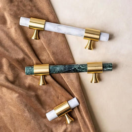 Marble & Solid Brass Cabinet Knobs & Pulls, Classic Kitchen & Wardrobe Hardware, Black White & Green Stone, Set of 2 Pieces, 2.3-5in