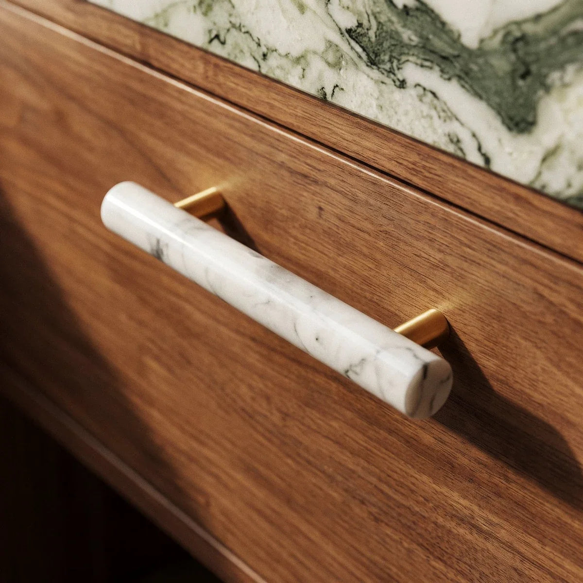 Natural Marble & Brass Cabinet Knobs & Pull Bars, Modern Kitchen & Wardrobe Hardware, Green or White Marble, Set of 2, 1.9-6in