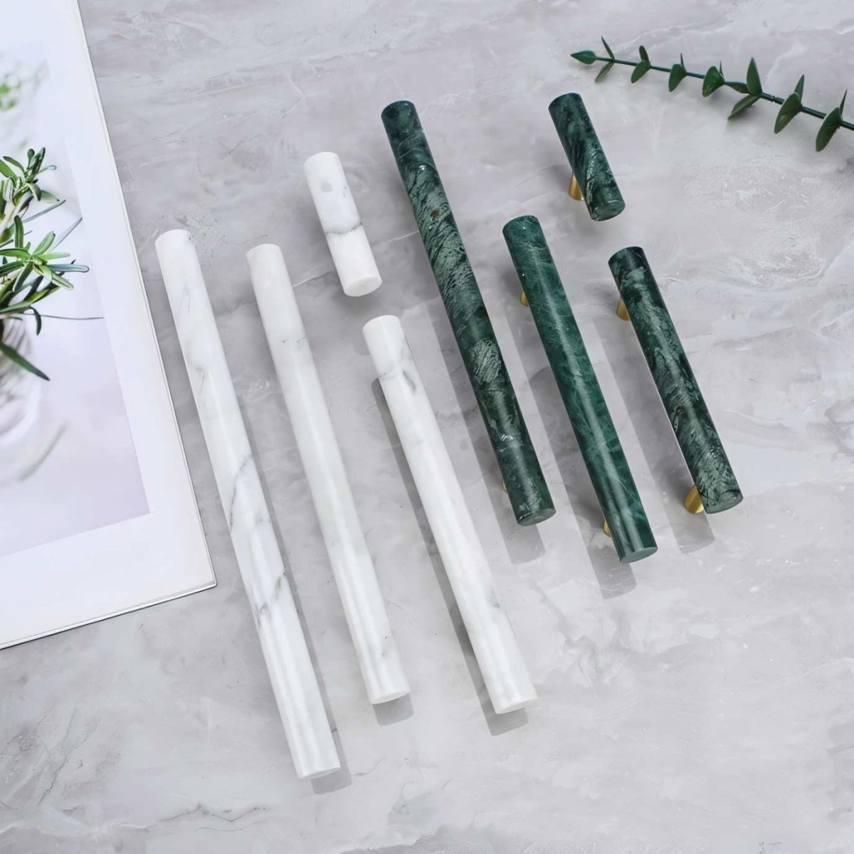 Natural Marble & Brass Cabinet Knobs & Pull Bars, Modern Kitchen & Wardrobe Hardware, Green or White Marble, Set of 2, 1.9-6in
