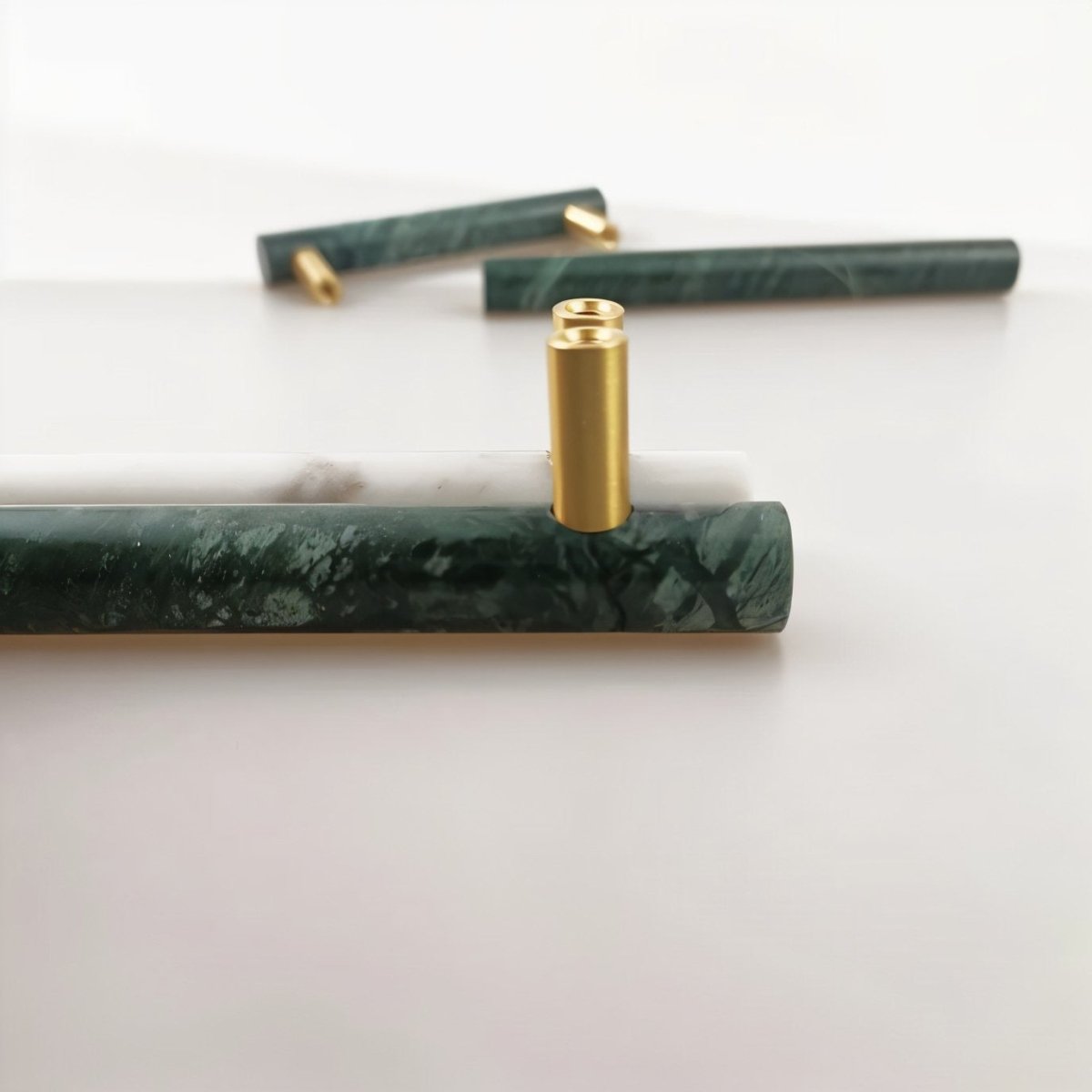 Natural Marble & Brass Cabinet Knobs & Pull Bars, Modern Kitchen & Wardrobe Hardware, Green or White Marble, Set of 2, 1.9-6in