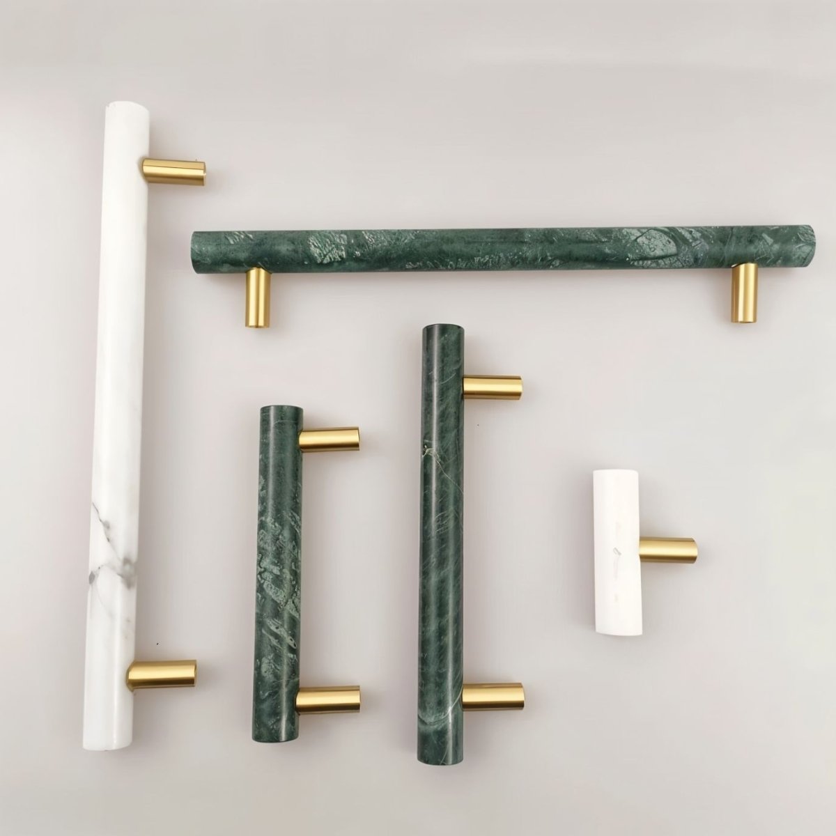 Natural Marble & Brass Cabinet Knobs & Pull Bars, Modern Kitchen & Wardrobe Hardware, Green or White Marble, Set of 2, 1.9-6in