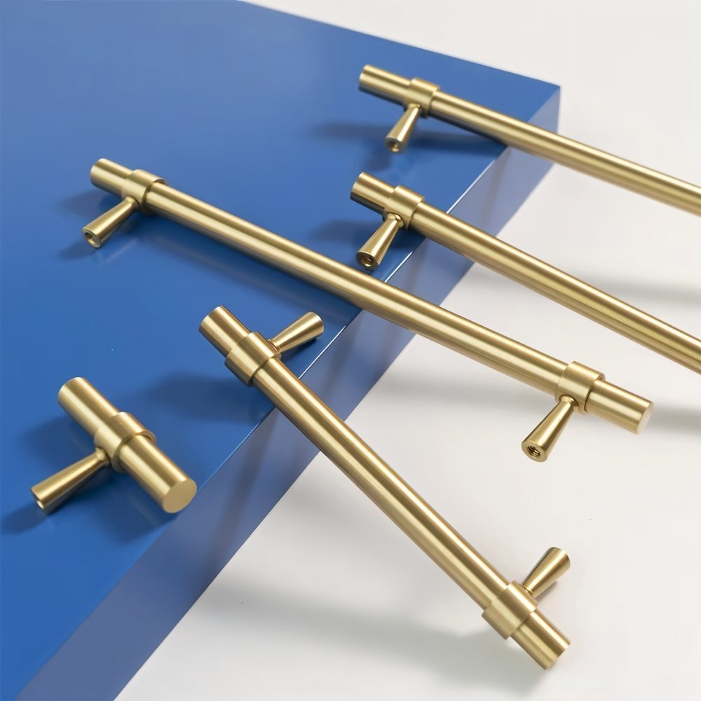 Brass T-Knobs & Drawer Pull Bars, Modern Kitchen & Bathroom Hardware, Four Finishes, Set of 2 Pieces, 1.9-16.3in
