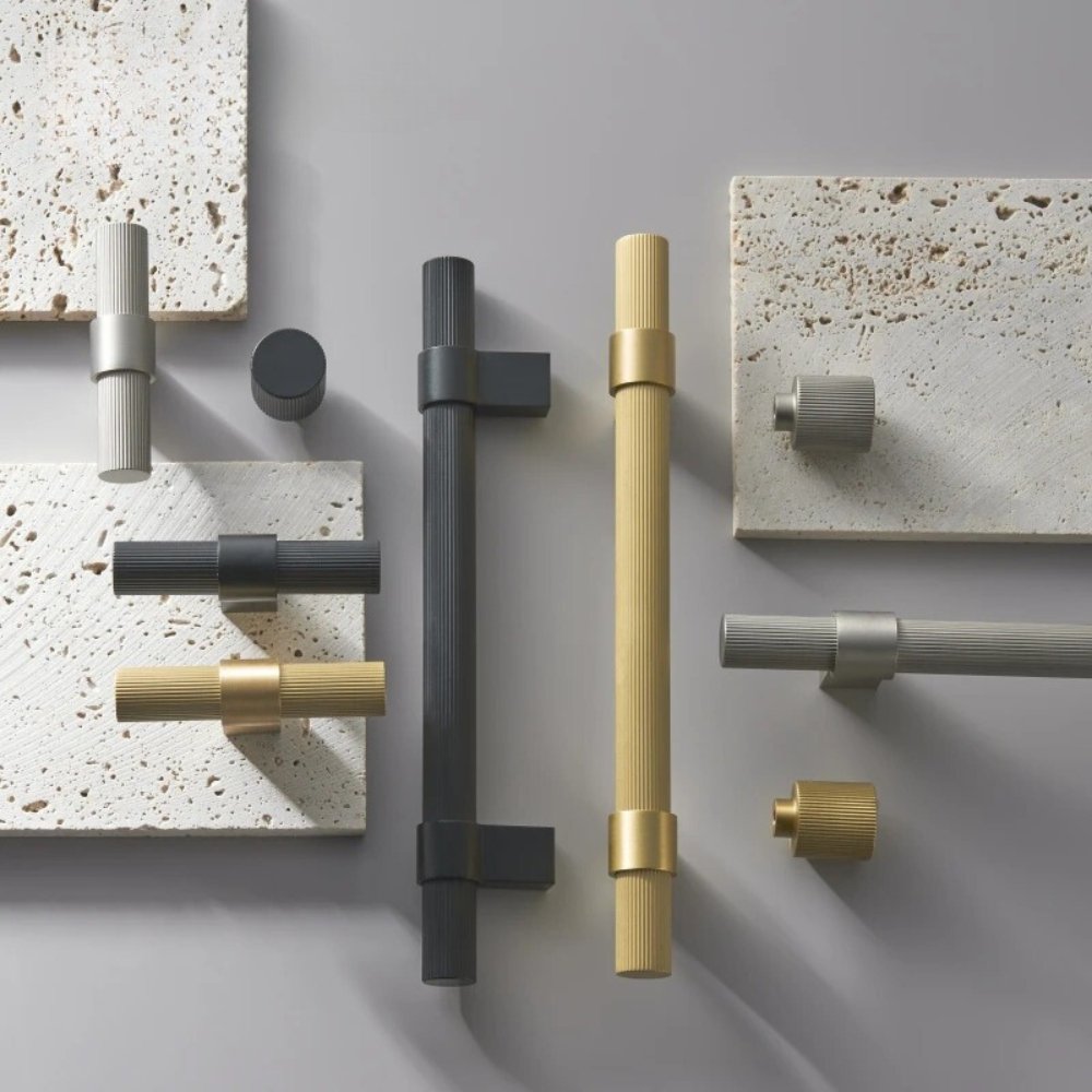 Linear Knurled Cabinet Knobs & Pull Bars, Modern Kitchen & Wardrobe Hardware, Nickel Black or Gold, Set of 2, 0.8-6.3in