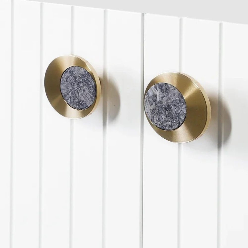 Natural Marble Cabinet Knobs, Nordic Kitchen & Wardrobe Hardware, Brass Base & Veined Stone, Set of 2 in 5 Patterns, 1.2-2.4in