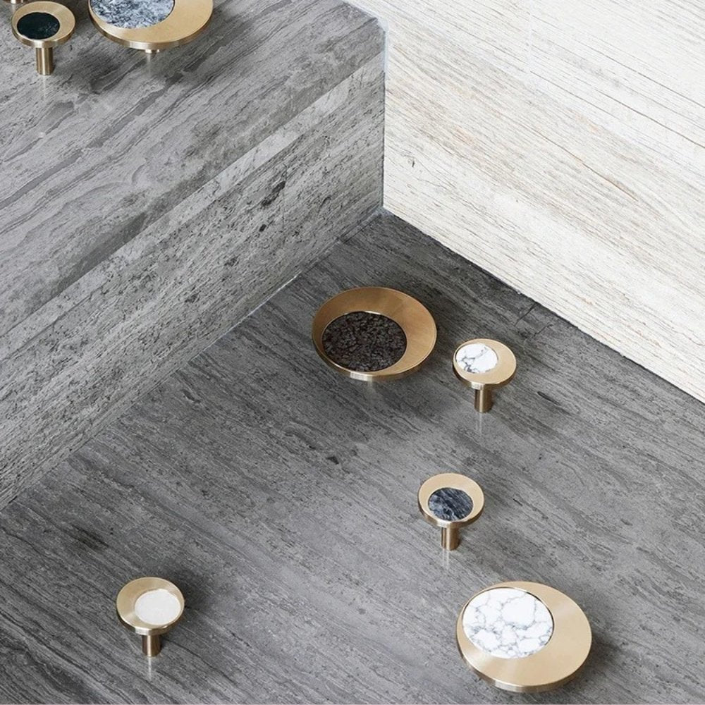 Natural Marble Cabinet Knobs, Nordic Kitchen & Wardrobe Hardware, Brass Base & Veined Stone, Set of 2 in 5 Patterns, 1.2-2.4in