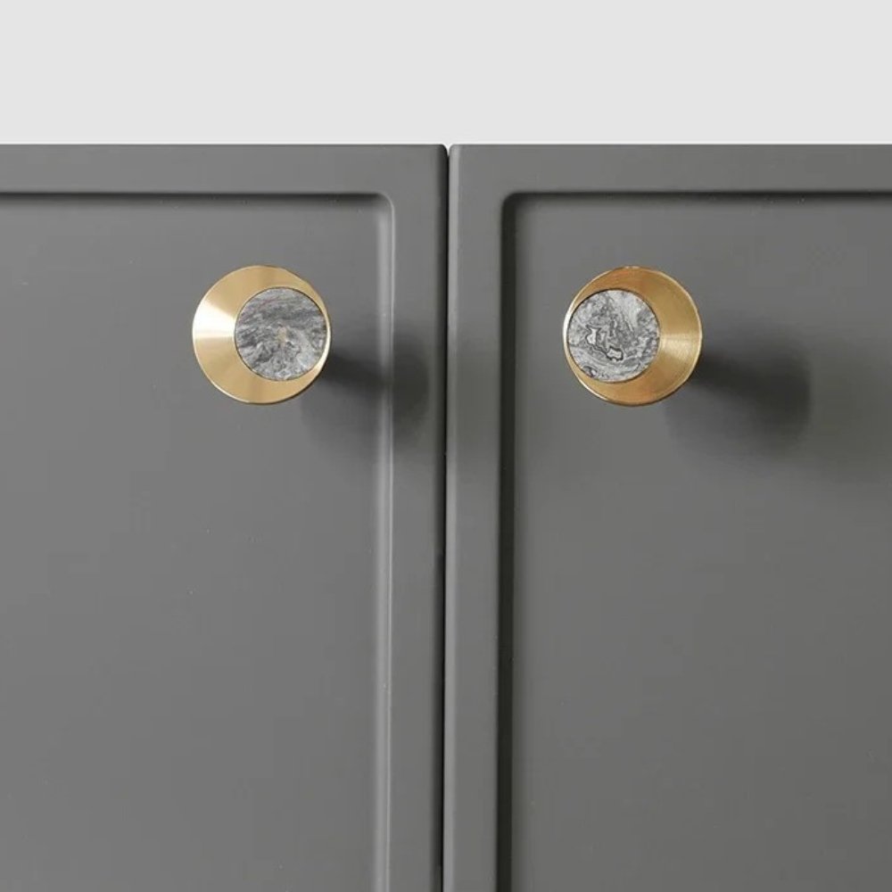 Natural Marble Cabinet Knobs, Nordic Kitchen & Wardrobe Hardware, Brass Base & Veined Stone, Set of 2 in 5 Patterns, 1.2-2.4in