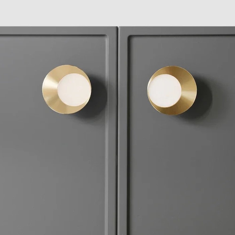 Natural Marble Cabinet Knobs, Nordic Kitchen & Wardrobe Hardware, Brass Base & Veined Stone, Set of 2 in 5 Patterns, 1.2-2.4in