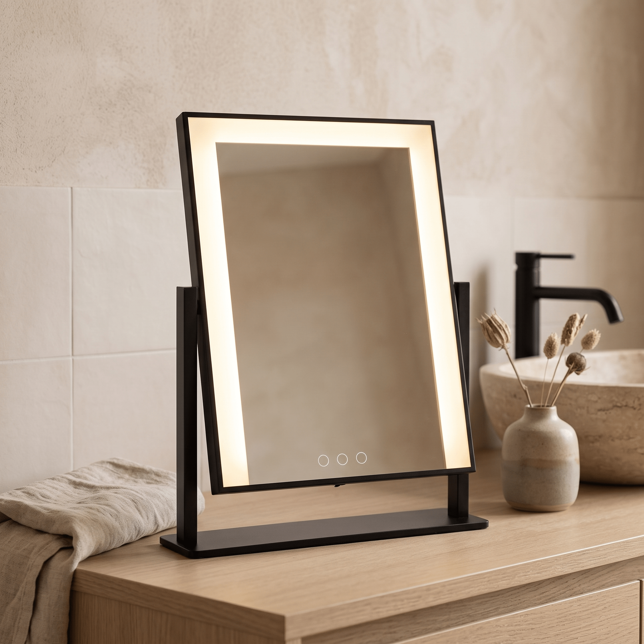 SIEN: Make-upspiegel met LED & Touchbediening – 3 Lichtkleuren & 15x Spot - Volsani