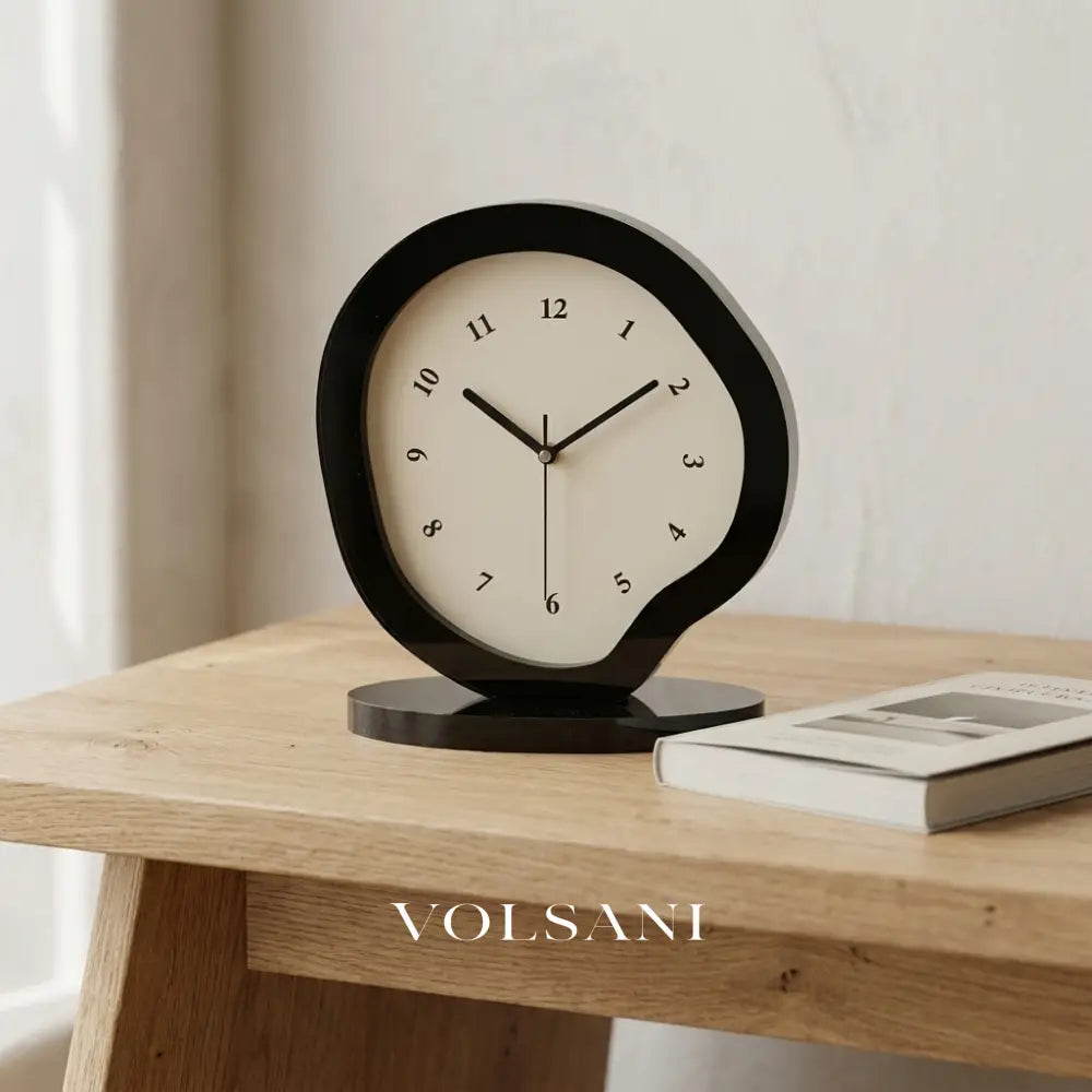 TESSA silent desk clock on an oak surface