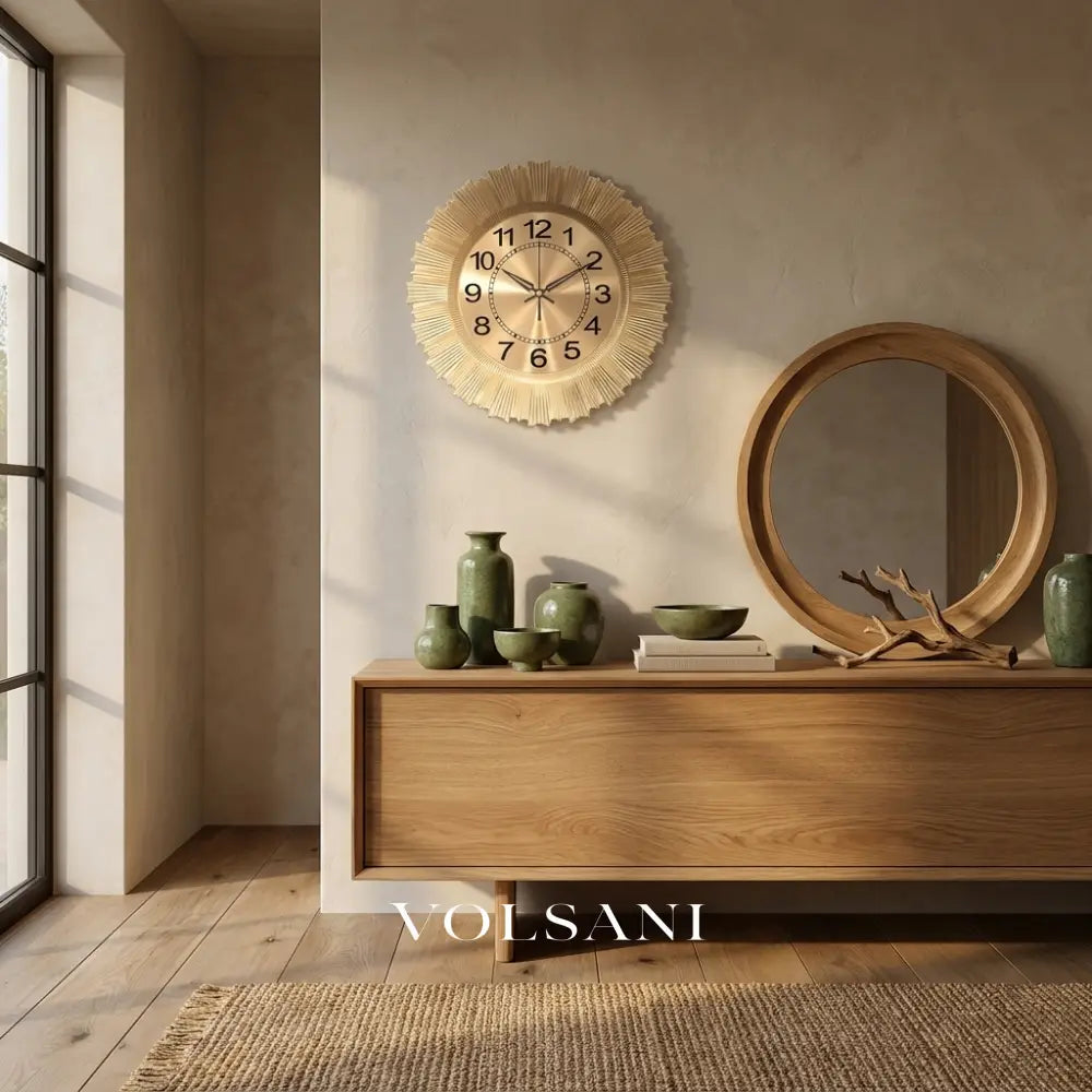 ARIA silent wall clock above a console table in a hallway