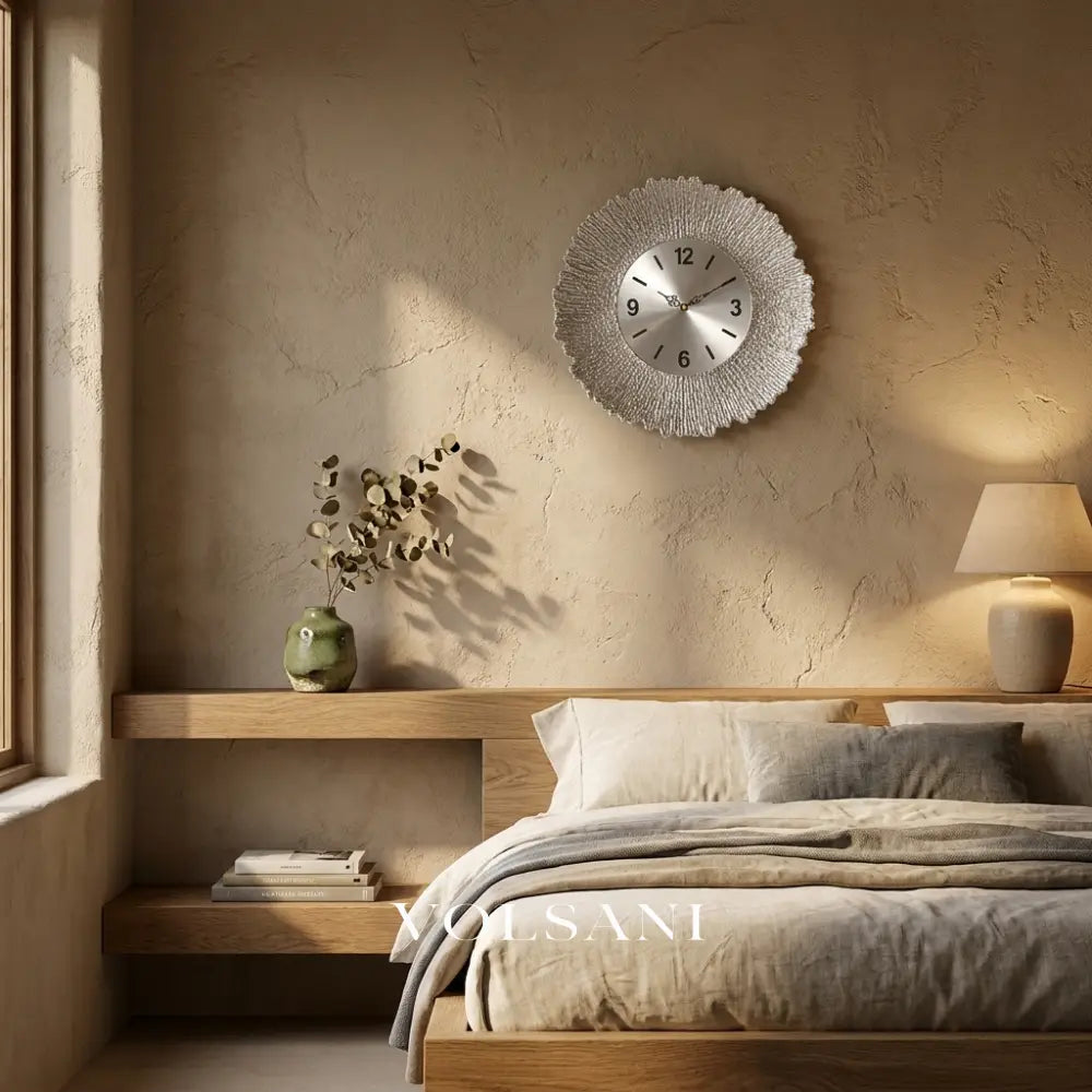 ARIA silent wall clock in silver in a bedroom