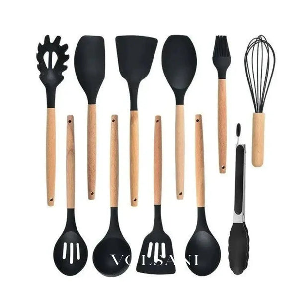 SILKE: Siliconen Keukengerei – 11-delige Set met Houten Handvatten - Volsani