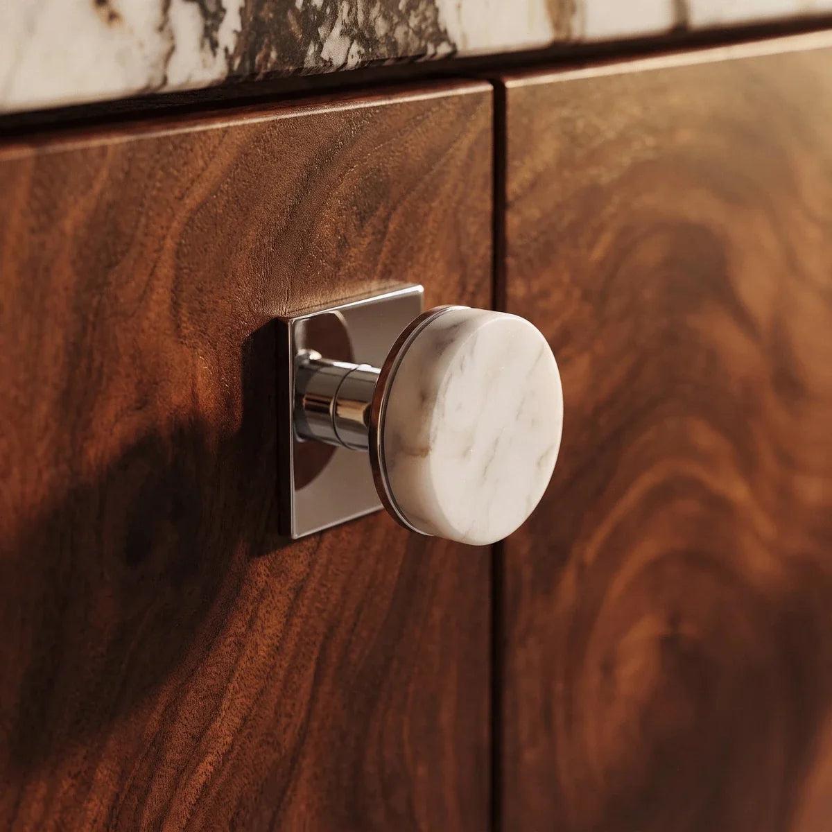 Natural Marble Cabinet Knobs, Modern Kitchen & Wardrobe Hardware, Brass or Chrome Backplate, Set of 2 in 3 Colorways, 1.2-4.3in
