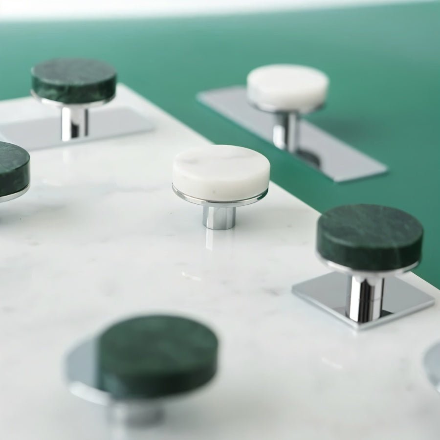 Natural Marble Cabinet Knobs, Modern Kitchen & Wardrobe Hardware, Brass or Chrome Backplate, Set of 2 in 3 Colorways, 1.2-4.3in
