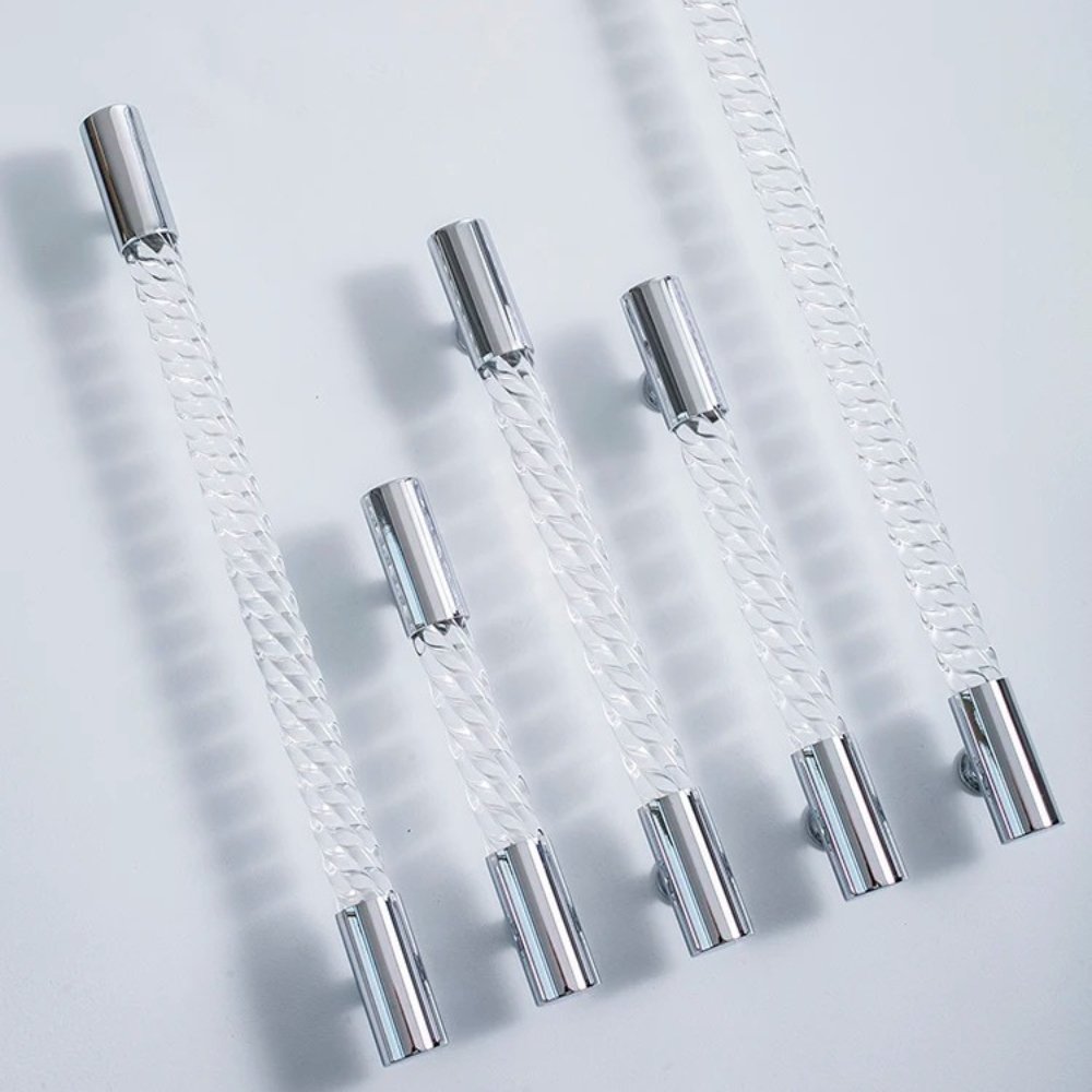 Twisted Acrylic Drawer Pull Bars, Modern Kitchen & Wardrobe Cabinet Hardware, Satin Brass & Chrome, Set of 2 Pieces, 3.8-12.6in
