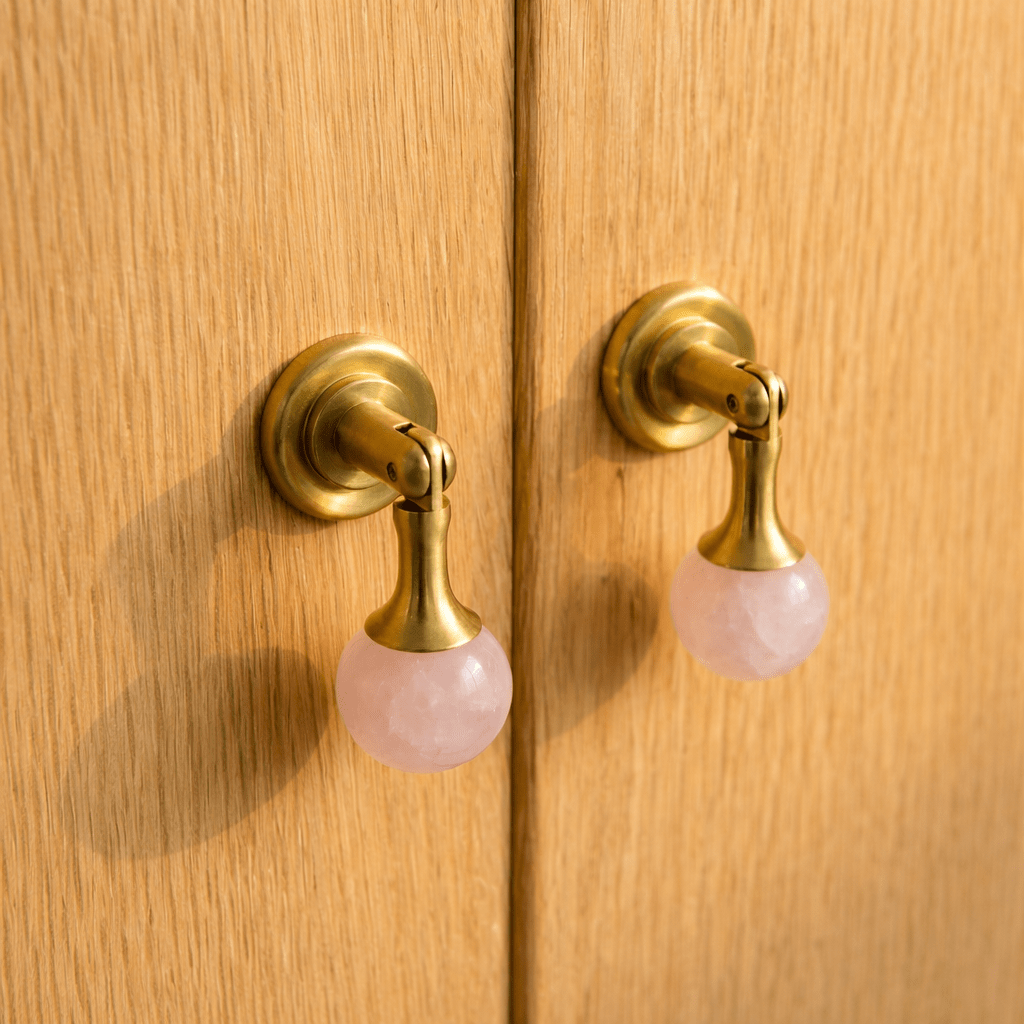 Crystal Stone Ball Cabinet Knobs, Decorative Kitchen & Dresser Hardware, Brass or Chrome Base, Set of 2, 1.1 x 2.5in