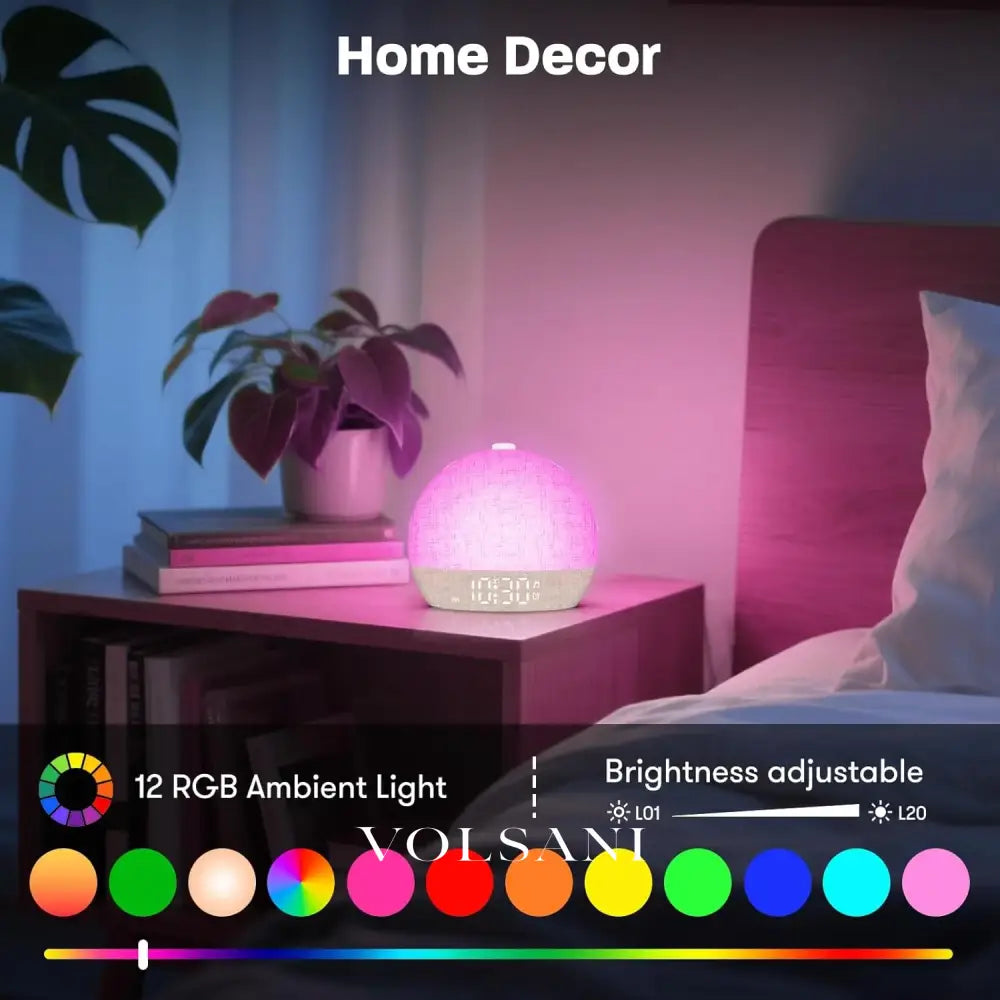Sunrise Alarm Clock with RGB Night Light Bedroom Wake Up Light & Sleep Aid White Noise Sound Machine Dimmable with 30