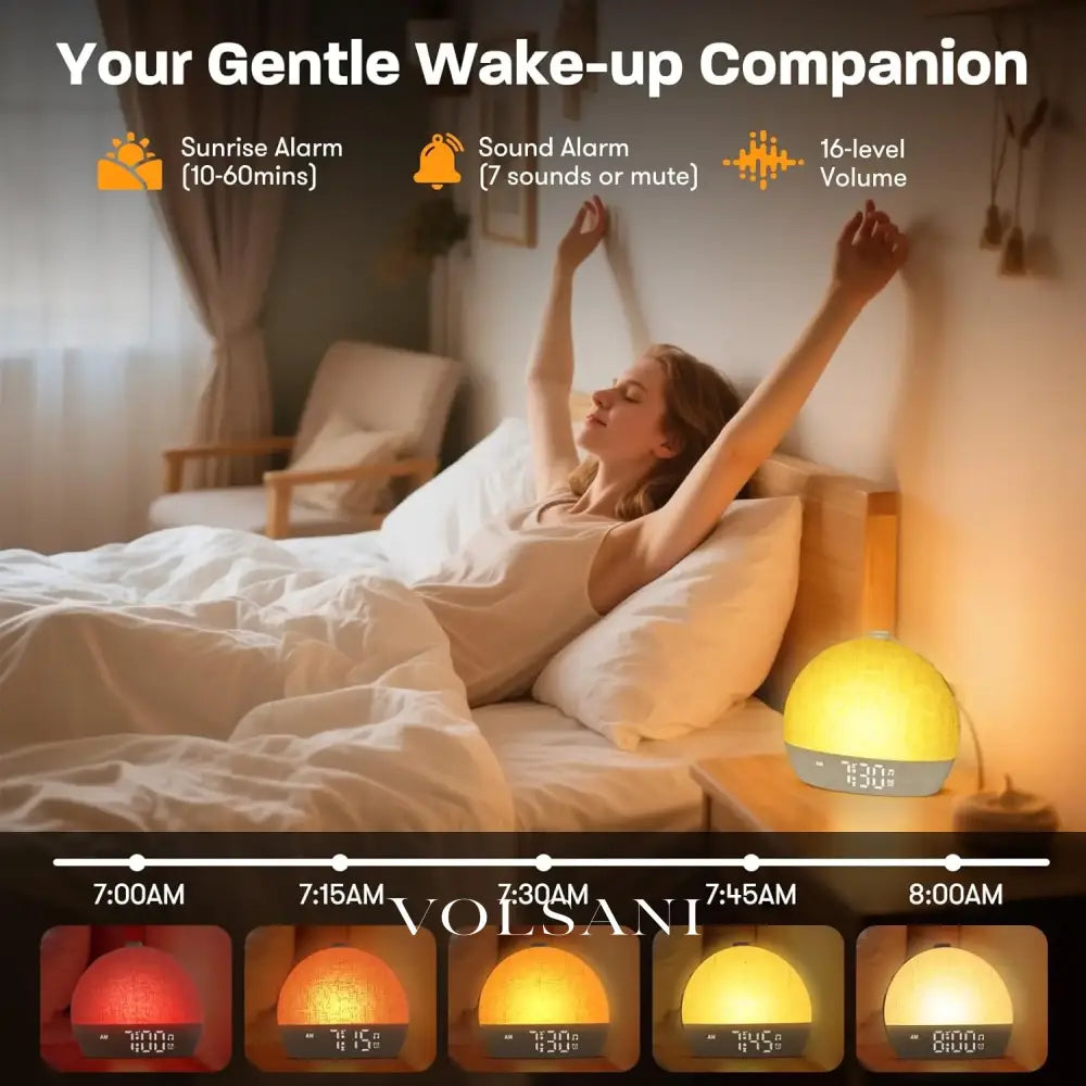 Sunrise Alarm Clock with RGB Night Light Bedroom Wake Up Light & Sleep Aid White Noise Sound Machine Dimmable with 30