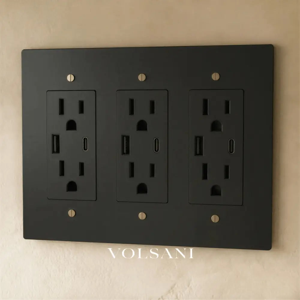 The Brass Outlet (1 to 4 Gang) - Night Black with Brass / 3 Gang / USB-C