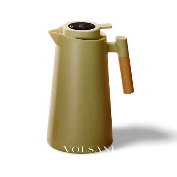 Thermal Jug with Temperature Display Insulated Coffee & Tea Carafe Vacuum Glass with Wooden Handle 3 Colors 1L - Cyan