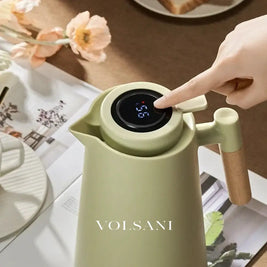 Thermal Jug with Temperature Display Insulated Coffee & Tea Carafe Vacuum Glass with Wooden Handle 3 Colors 1L