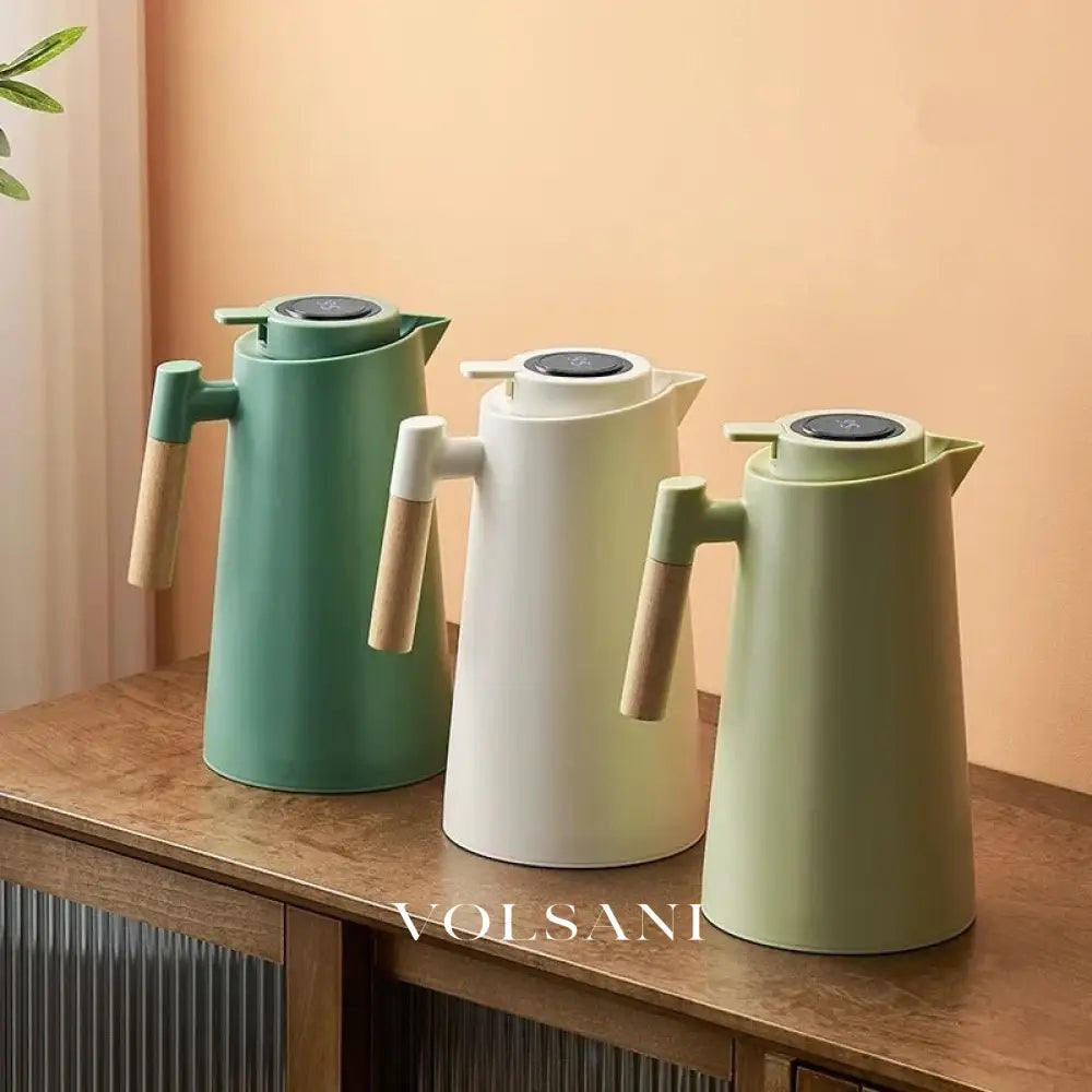 Thermal Jug with Temperature Display Insulated Coffee & Tea Carafe Vacuum Glass with Wooden Handle 3 Colors 1L