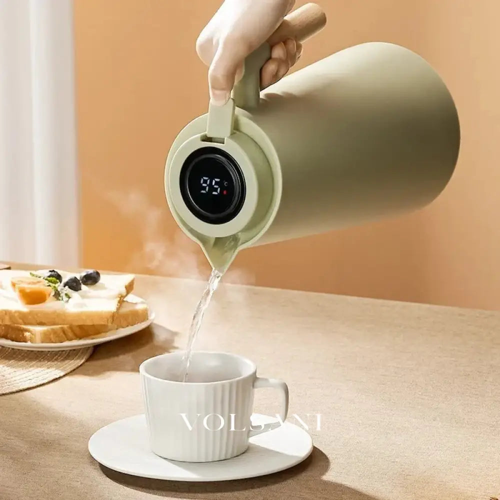 Thermal Jug with Temperature Display Insulated Coffee & Tea Carafe Vacuum Glass with Wooden Handle 3 Colors 1L