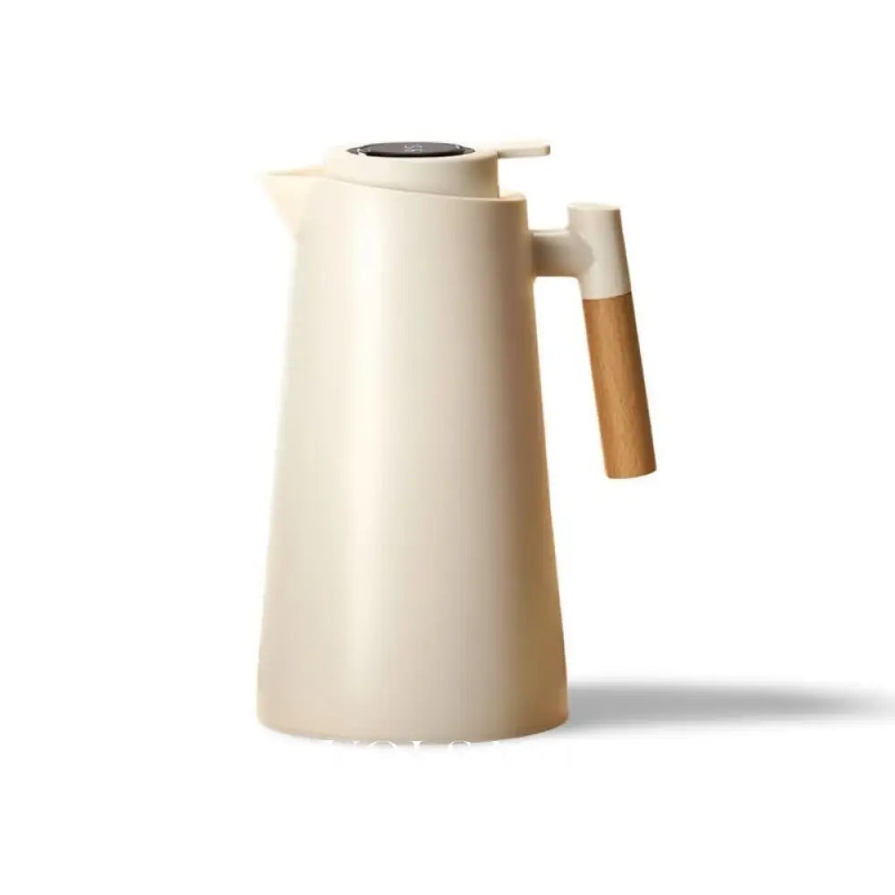 Thermal Jug with Temperature Display Insulated Coffee & Tea Carafe Vacuum Glass with Wooden Handle 3 Colors 1L - White