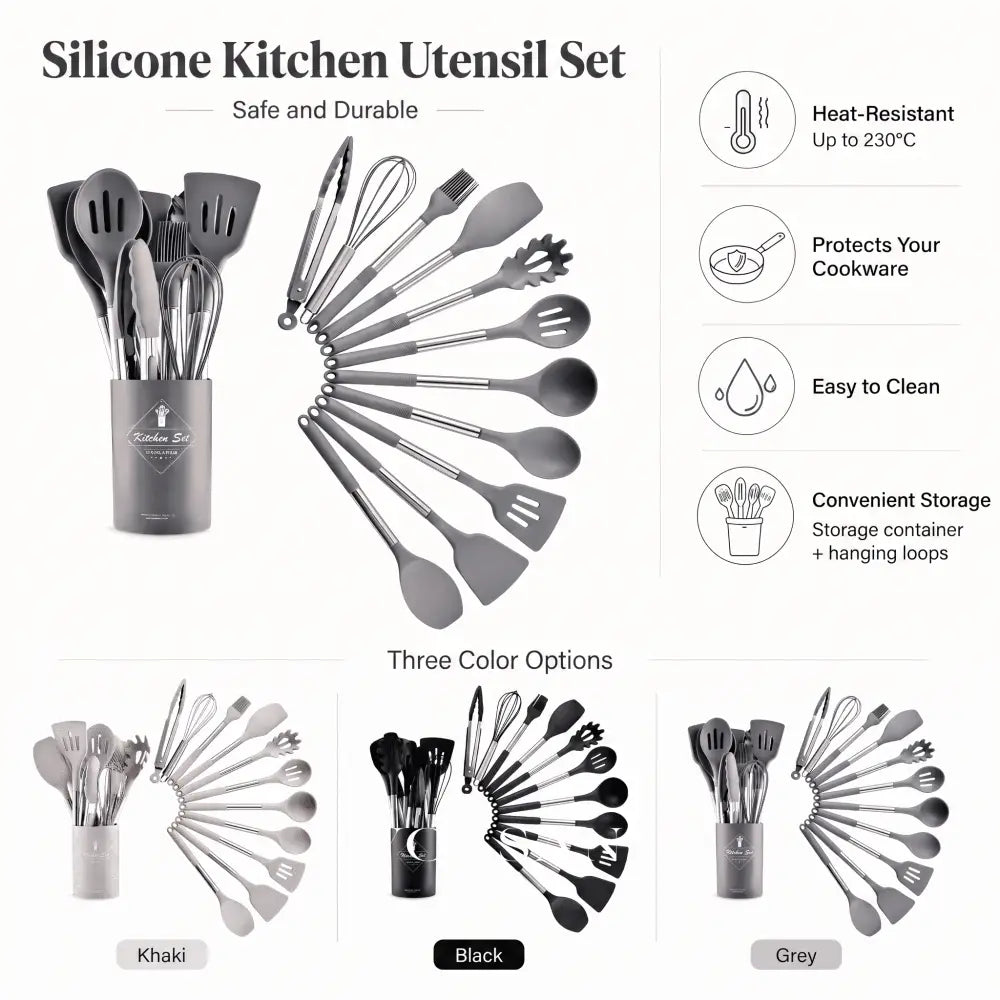 TINEKE silicone kitchen utensil set - features (heat-resistant, protects cookware, easy to clean, storage)
