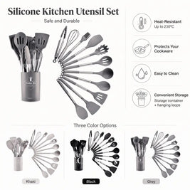 TINEKE silicone kitchen utensil set - features (heat-resistant, protects cookware, easy to clean, storage)