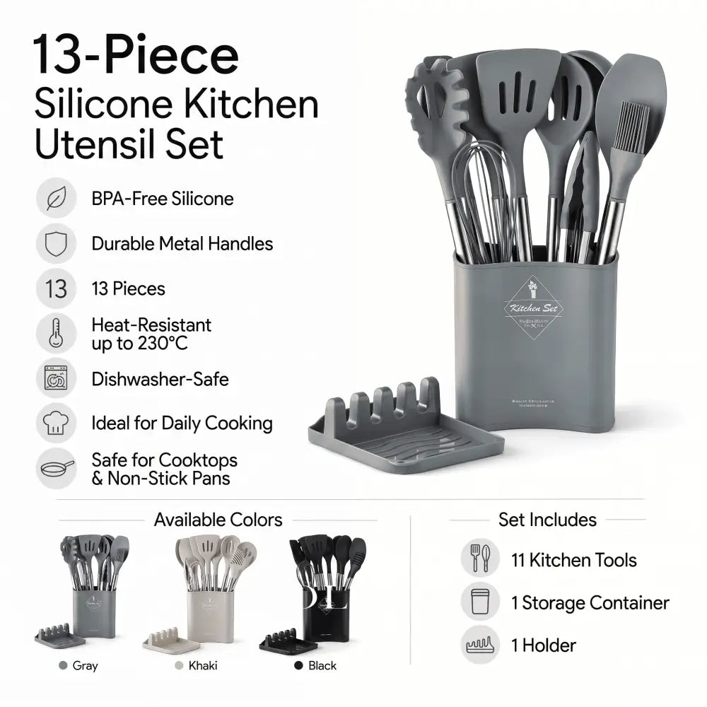 TINEKE 13-piece silicone kitchen utensil set - specifications, available colors, and set contents