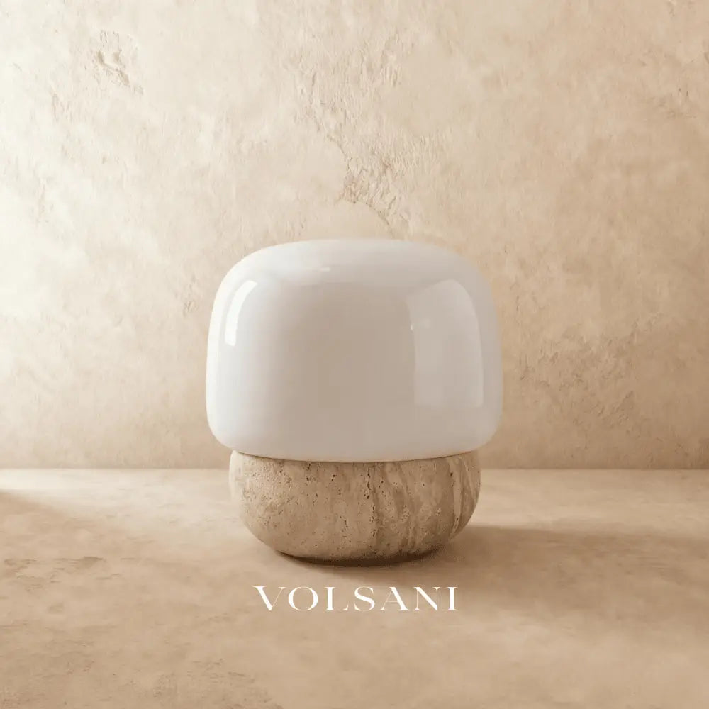 Travertine Mushroom Table Lamp Natural Stone Bedside & Living Room Lamp with Glass Diffuser Scandinavian 7in