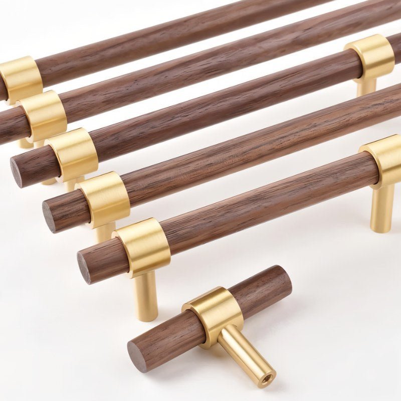 Wood & Brass Cabinet Knobs & Drawer Pull Bars, Scandinavian Kitchen & Wardrobe Hardware, Beech & Walnut Finish, Set of 2, 2.3-12.5in