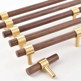 Wood & Brass Cabinet Knobs & Drawer Pull Bars, Scandinavian Kitchen & Wardrobe Hardware, Beech & Walnut Finish, Set of 2, 2.3-12.5in