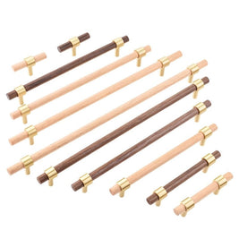 Wood & Brass Cabinet Knobs & Drawer Pull Bars, Scandinavian Kitchen & Wardrobe Hardware, Beech & Walnut Finish, Set of 2, 2.3-12.5in