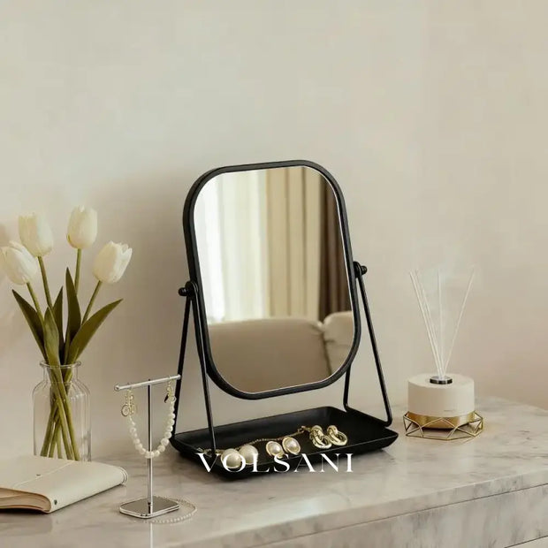 Vanity Mirror with Storage Tray Rotating Makeup & Dressing Table Mirror European Style Rounded Design 3 Colors 11.2in