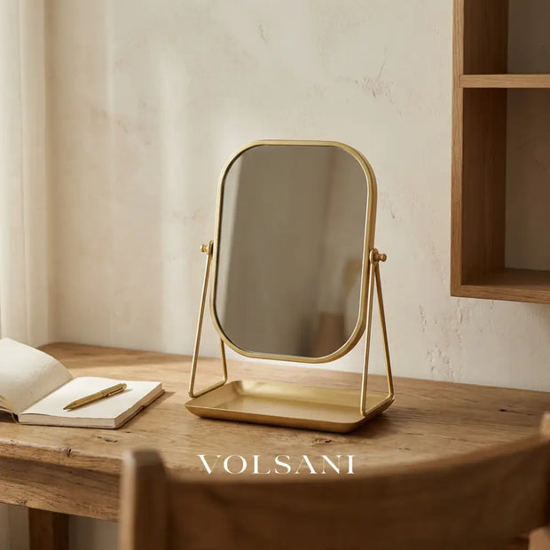 AURA vanity mirror with storage tray on a home study desk