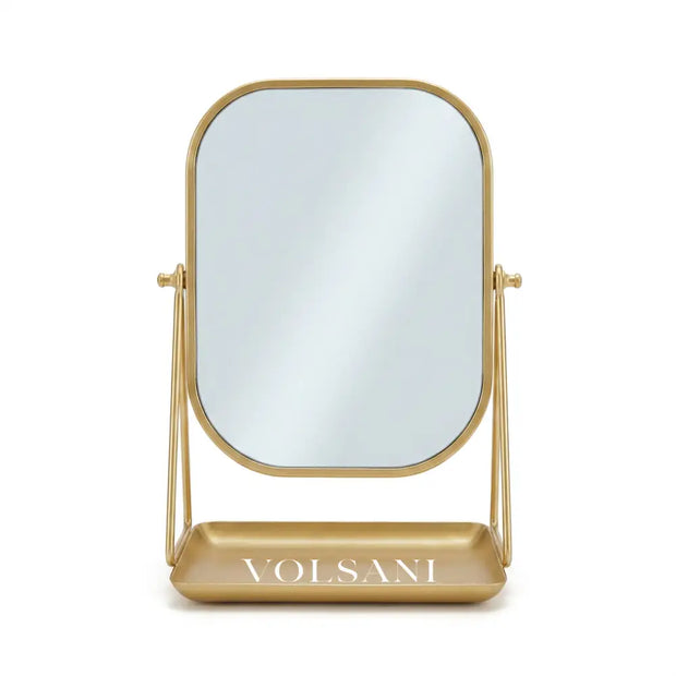 AURA vanity mirror with storage tray in gold on white background