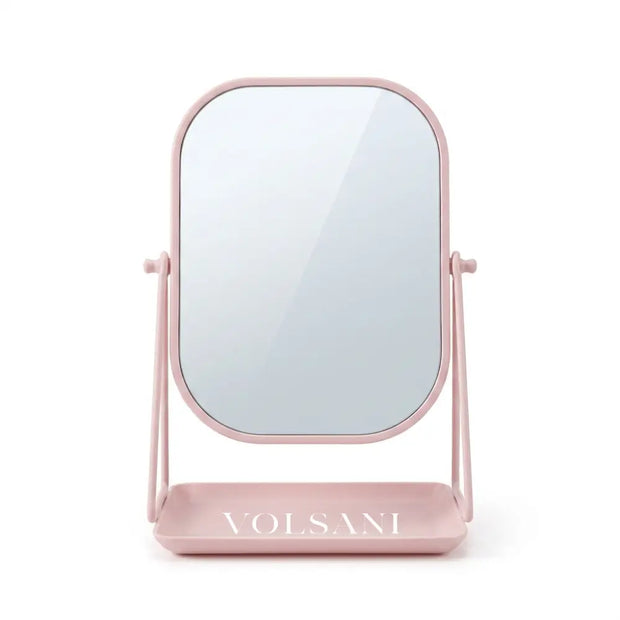 AURA vanity mirror with storage tray in pink on white background
