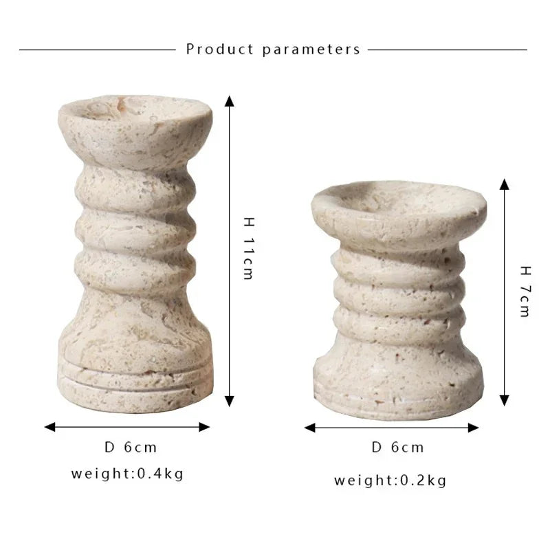 Travertine Candle Holders Set of 2, Ribbed Stone Candlesticks, 2.8 & 4.3in