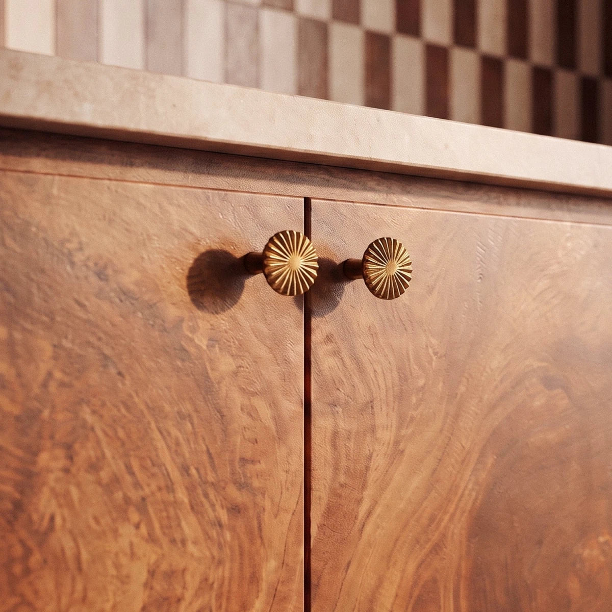 Solid Brass Sunburst Cabinet Knobs, Vintage Kitchen & Dresser Hardware, Vintage Brass Finish, Set of 2, 1.17in Diameter
