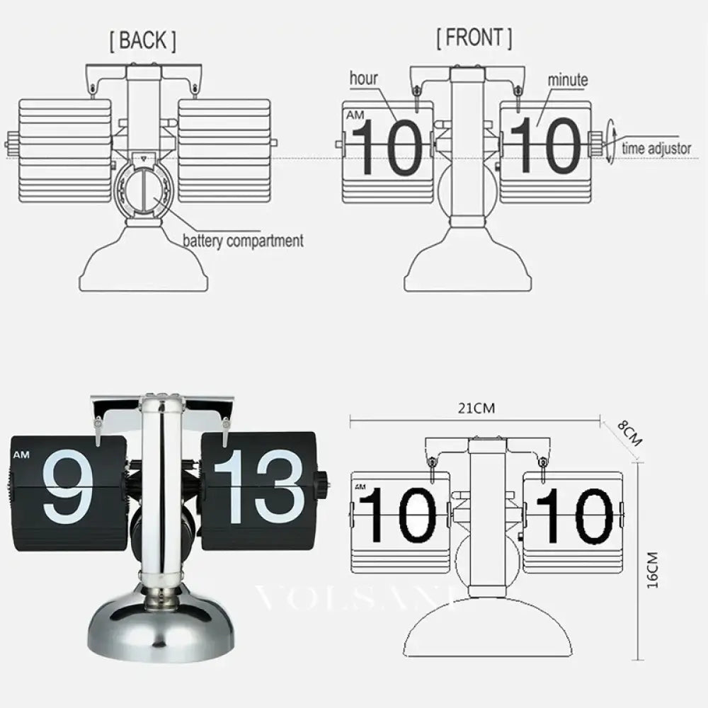 Vintage Flip Clock with Steel Case Retro Desk & Office Table Clock Quartz Flip Down Display 6 Styles 8.3in - Decor >