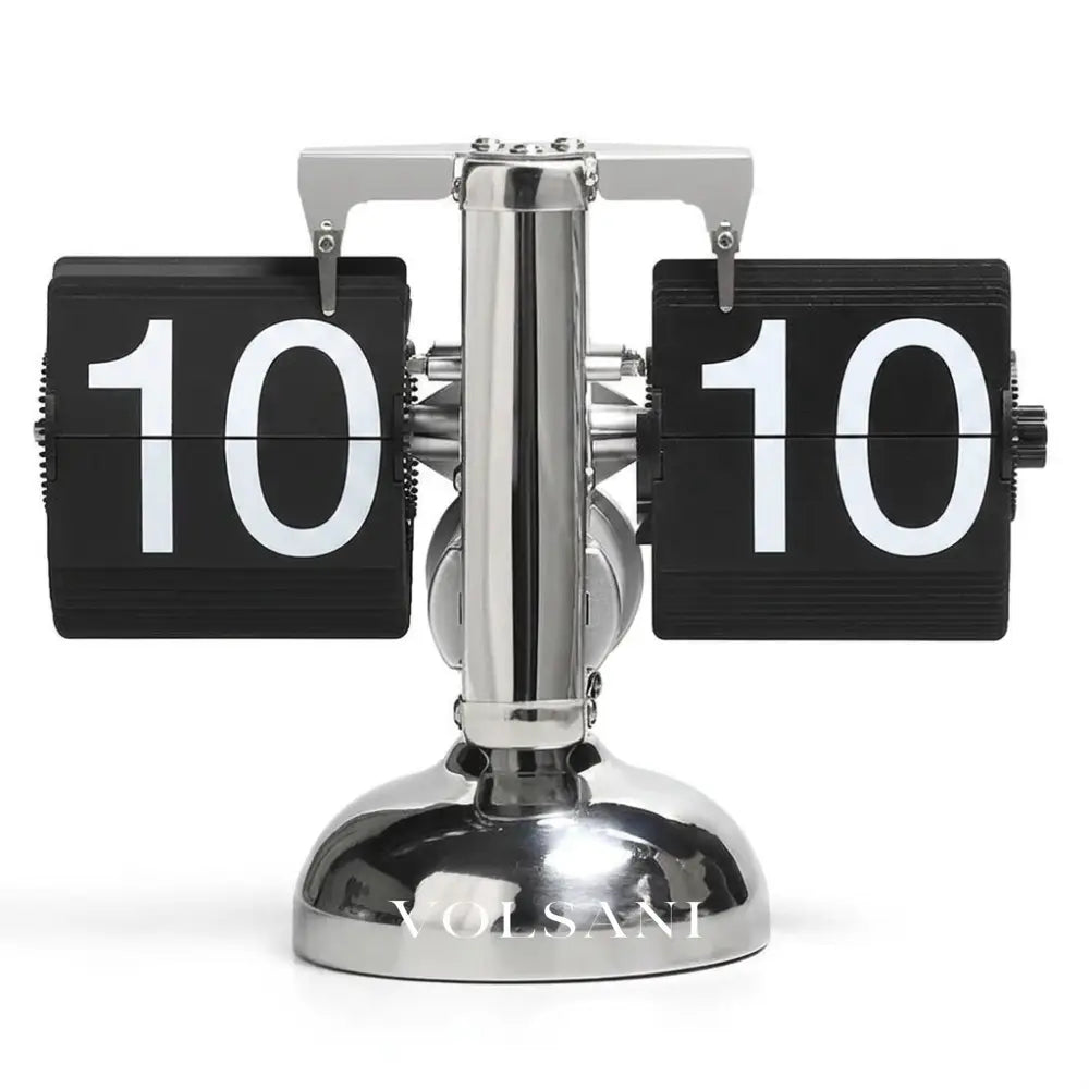 DINO vintage flip clock in silver and black on white background